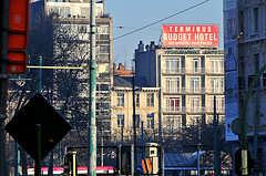 Buildings along a busy city